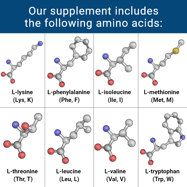 Essential amino acids list: L-lysine, L-phenylalanine, L-isoleucine, L-methionine, L-threonine, L-leucine, L-valine, and L-tryptophan.